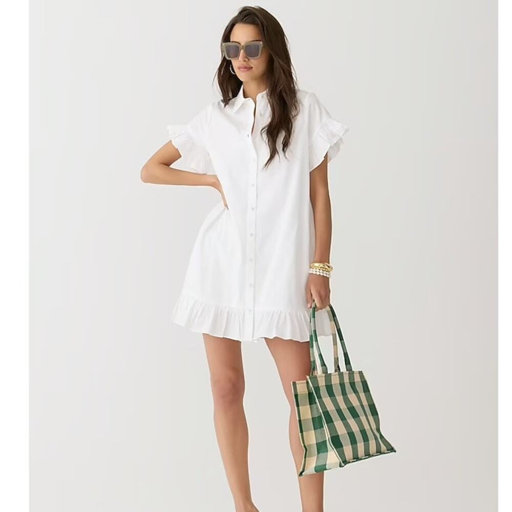 J. Crew Cotton Poplin Short Sleeve Ruffle-Hem Mini Shirt-Dress White Womens S